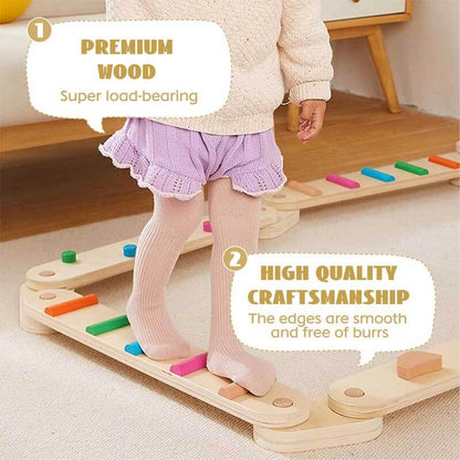Child stepping across a low wooden balance beam set, an educational gift for motor skills