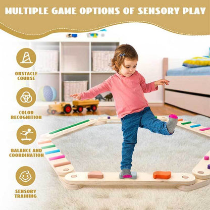 Complete wooden balance beam set for kids, laid out for a fun coordination activity