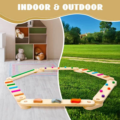 Kids enjoying active play with a natural wood balance beam set, enhancing balance and coordination