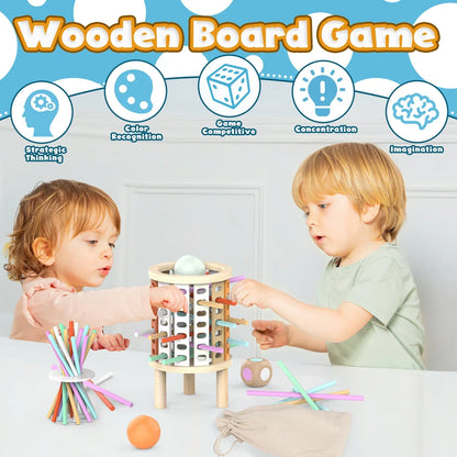Close-up of wooden balance tower, concentration game for kids, educational play