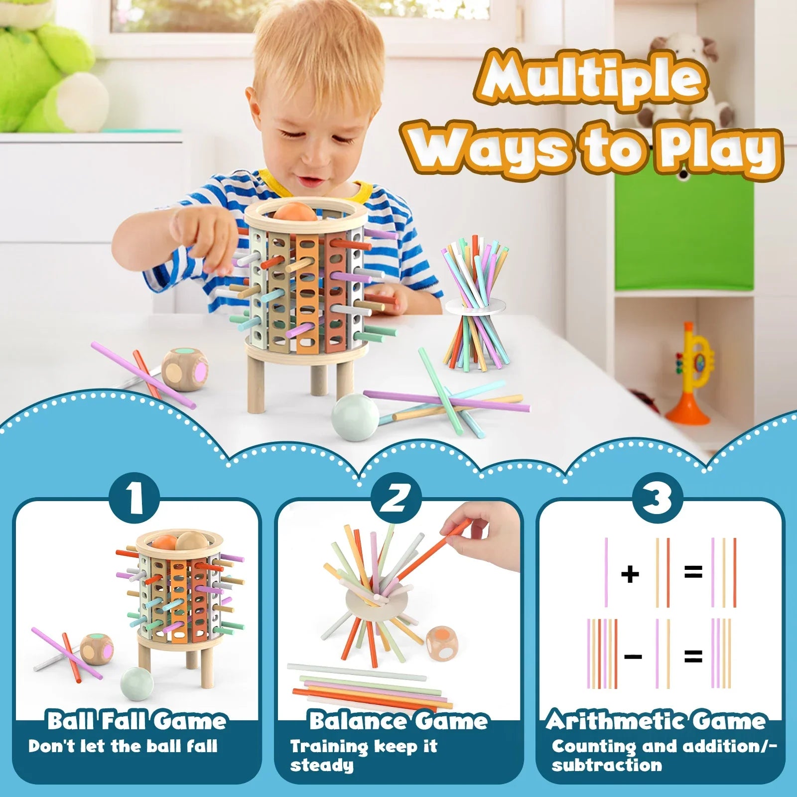 Child's hands playing with a wooden stacking game, developing fine motor skills