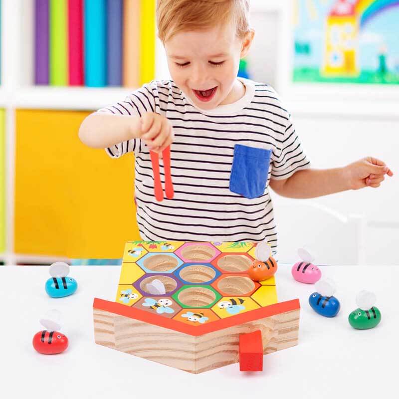 Kids' Wooden Beehive Tweezer Matching Game, colorful bees with tongs