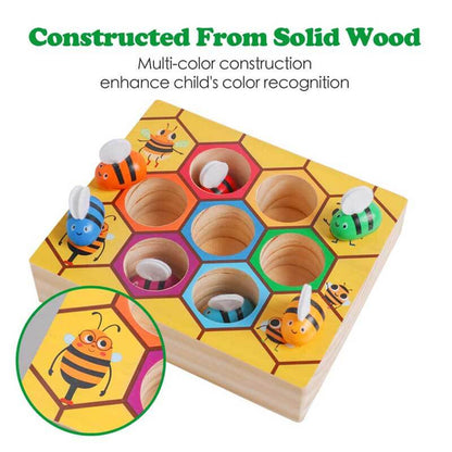 Close-up of wooden beehive toy with colorful slots and bee pieces