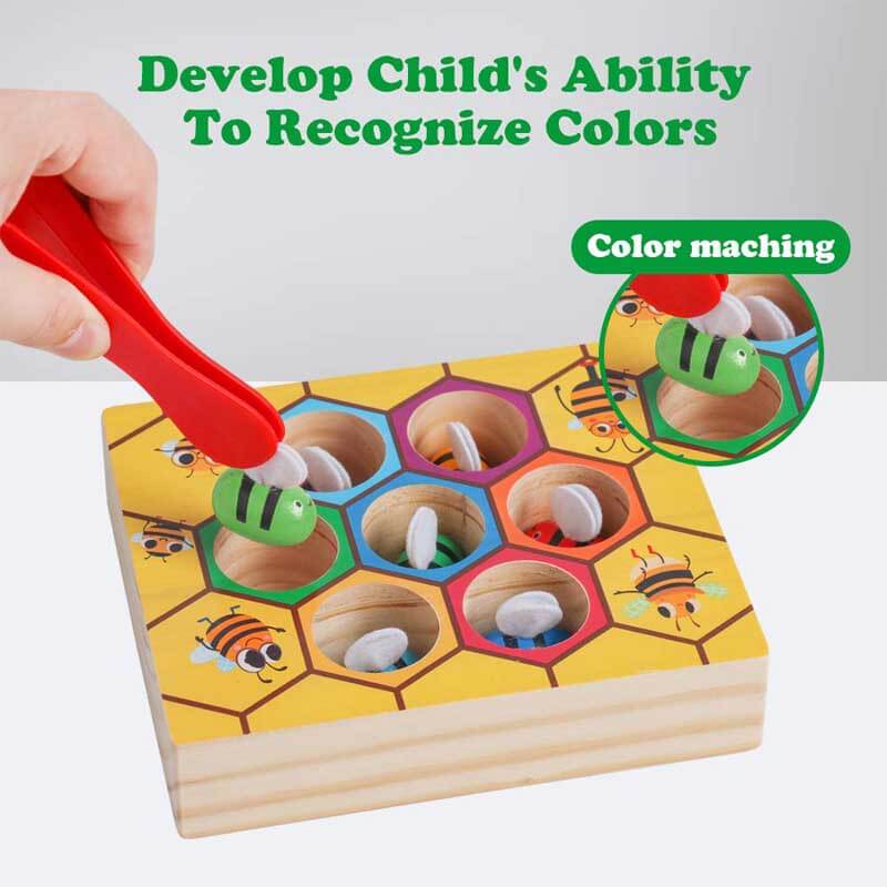 Educational wooden toy for preschoolers, Beehive Tweezer Matching Game