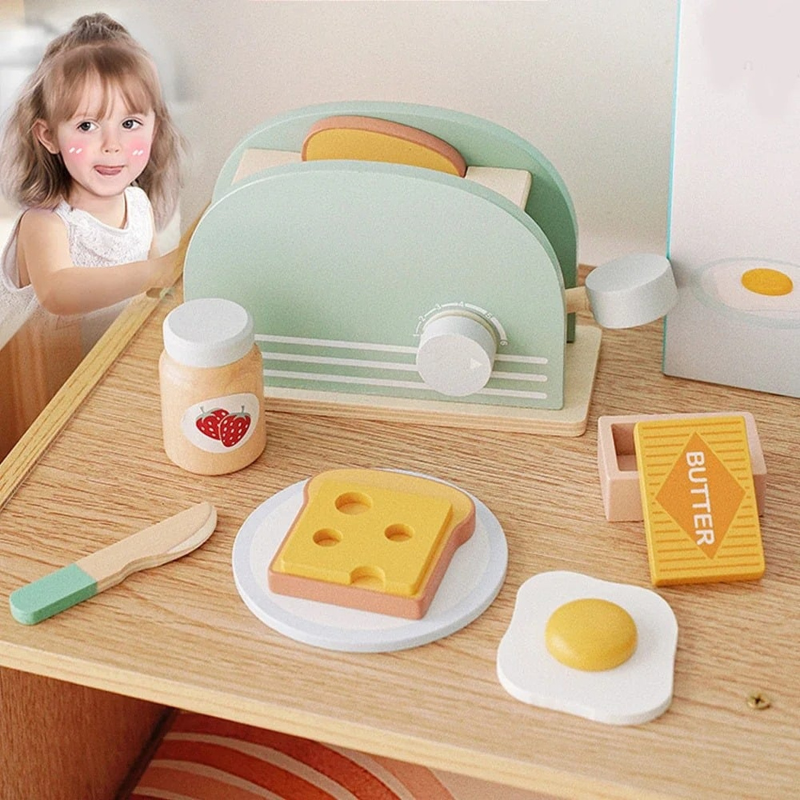 Kids' wooden breakfast pretend play set with tray, toast, egg, bacon, and educational accessories for toddlers