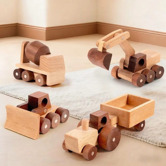 Kids wooden bulldozer toy from construction vehicle blocks set, ideal for toddlers' imaginative play & motor skills.