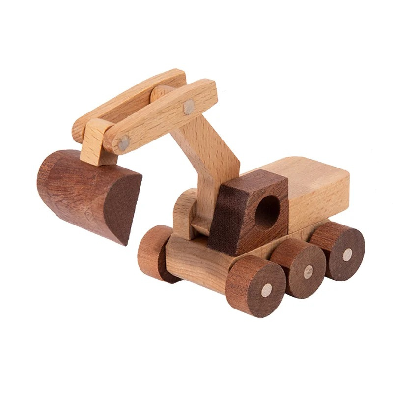 Set of wooden construction vehicle blocks, including a dump truck, for toddlers to build & enhance motor skills.