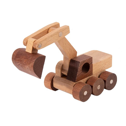 Set of wooden construction vehicle blocks, including a dump truck, for toddlers to build & enhance motor skills.