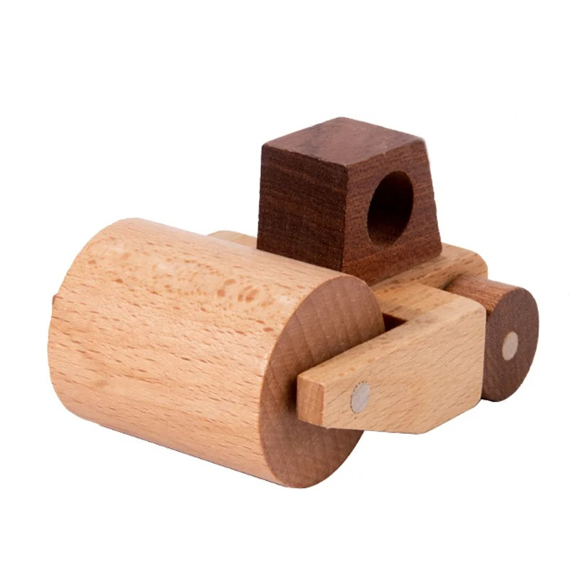 Colorful wooden construction vehicle blocks arranged, promoting imaginative play & early learning for young children.