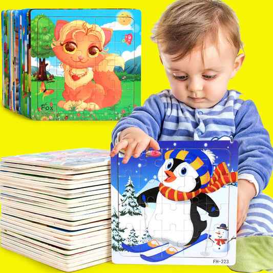 Kids wooden cartoon animal jigsaw puzzle, vibrant colors, educational toddler toy