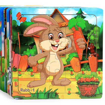 Toddler wooden puzzle featuring cute cartoon animals, pegged pieces for easy grip