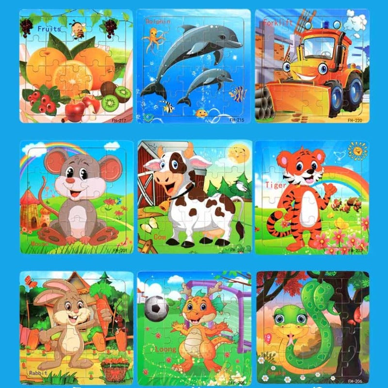 Close-up of a kids wooden cartoon animal puzzle showing intricate detail, educational toy