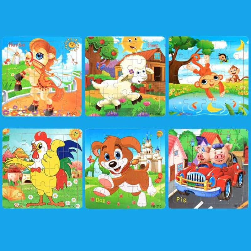 Set of different kids wooden animal jigsaw puzzles, perfect preschool learning and motor skill toy