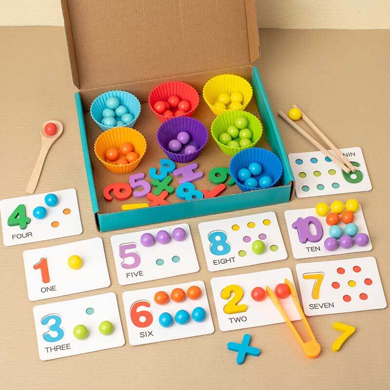 Educational wooden clip bead game with number cards, teaching arithmetic to preschoolers