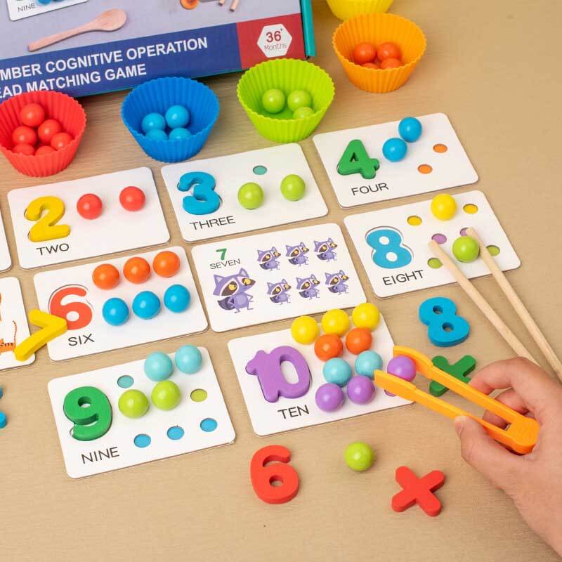 Children's wooden arithmetic game featuring tongs & colorful beads for fine motor skill development