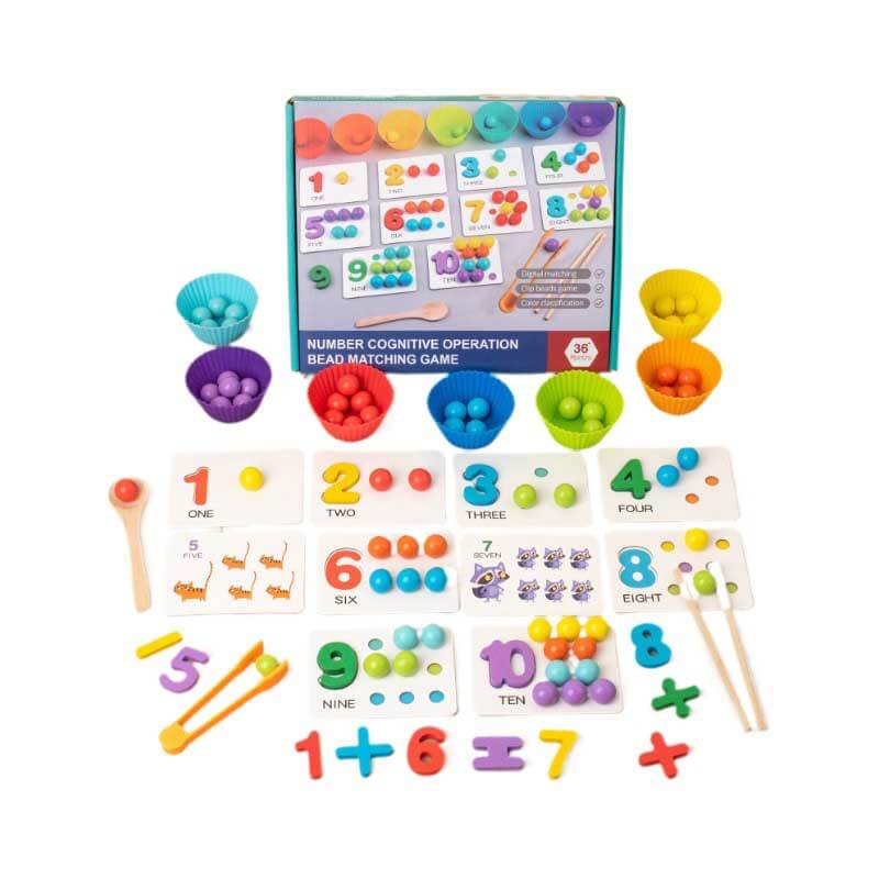 Preschool math game: wooden clip beads and number cards for interactive arithmetic learning