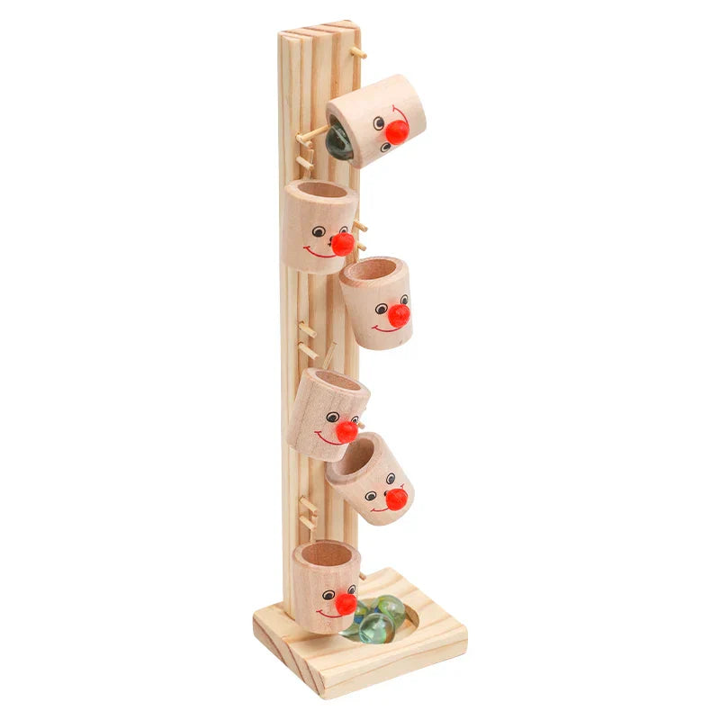 Kids wooden clown ball track game toy with colorful falling balls, promoting hand-eye coordination