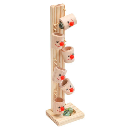 Kids wooden clown ball track game toy with colorful falling balls, promoting hand-eye coordination