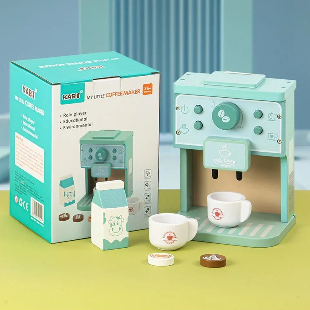 Kids wooden coffee play set with cups, saucers, and pot for imaginative role play