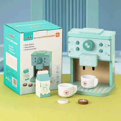 Kids wooden coffee play set with cups, saucers, and pot for imaginative role play