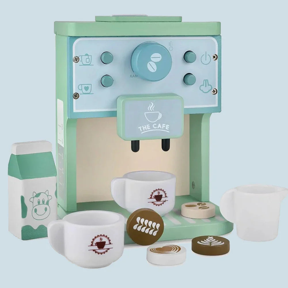 Toddler playing with wooden coffee maker and accessories, developing fine motor skills