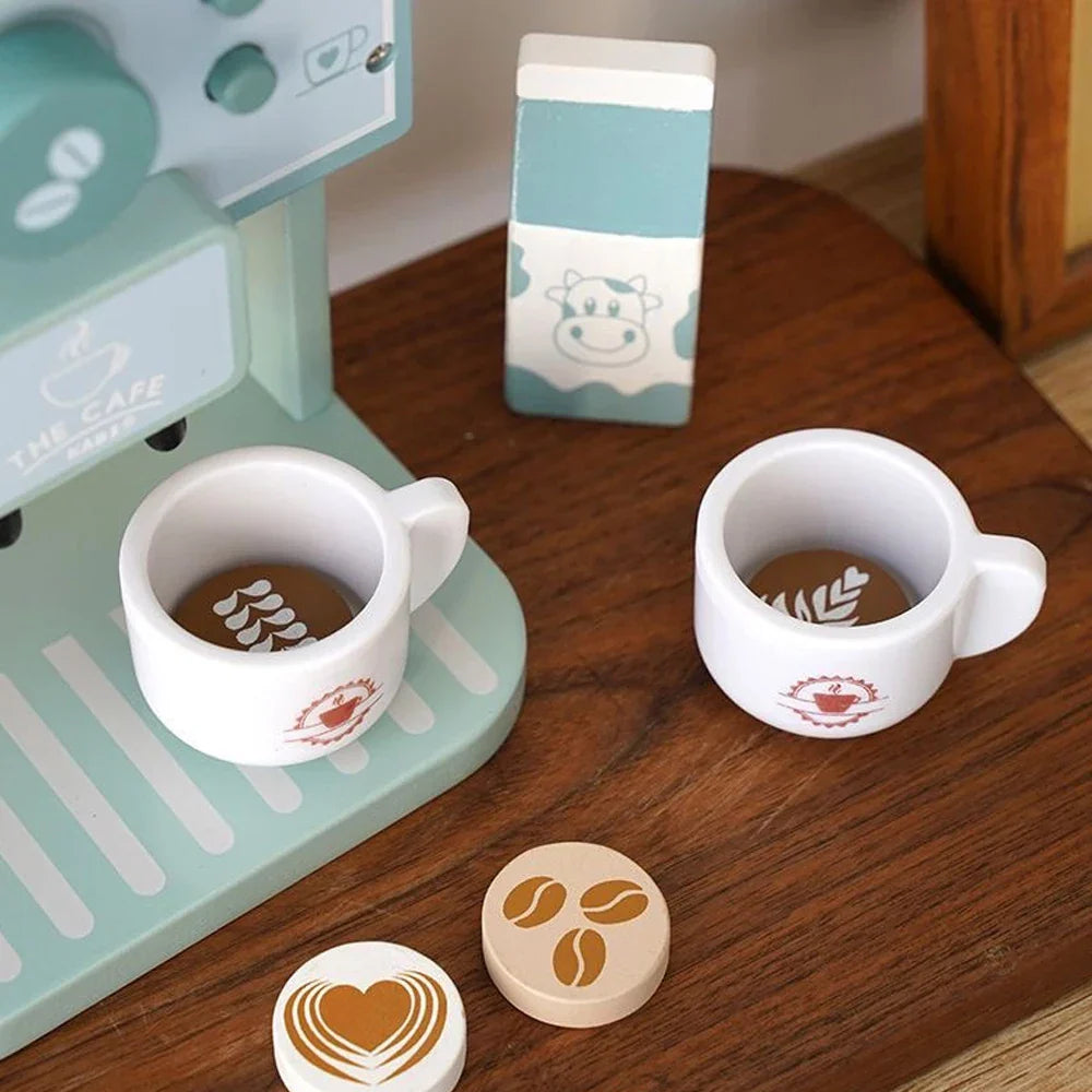 Close-up of wooden coffee cups and saucers from kids' imaginative play set