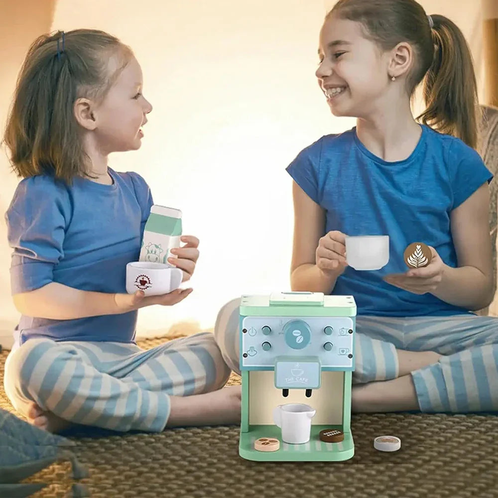 Handcrafted wooden coffee shop play set, perfect for preschool role-playing games