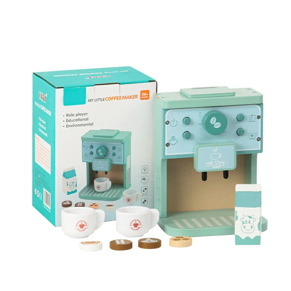 Child's perspective of a wooden coffee set, promoting hours of interactive pretend play