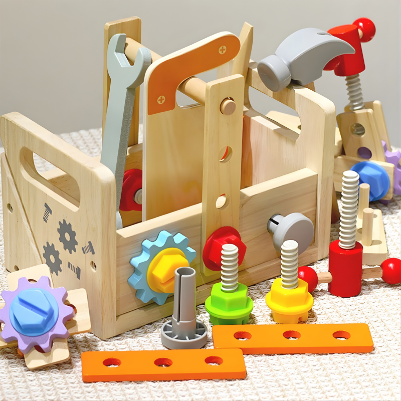 Kids' wooden construction playset with colorful blocks for educational toddler role play, enhancing motor skills