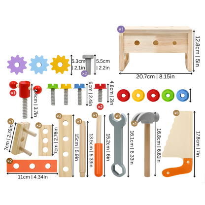 Toddler engaged with educational wooden construction playset, featuring various building pieces for problem-solving