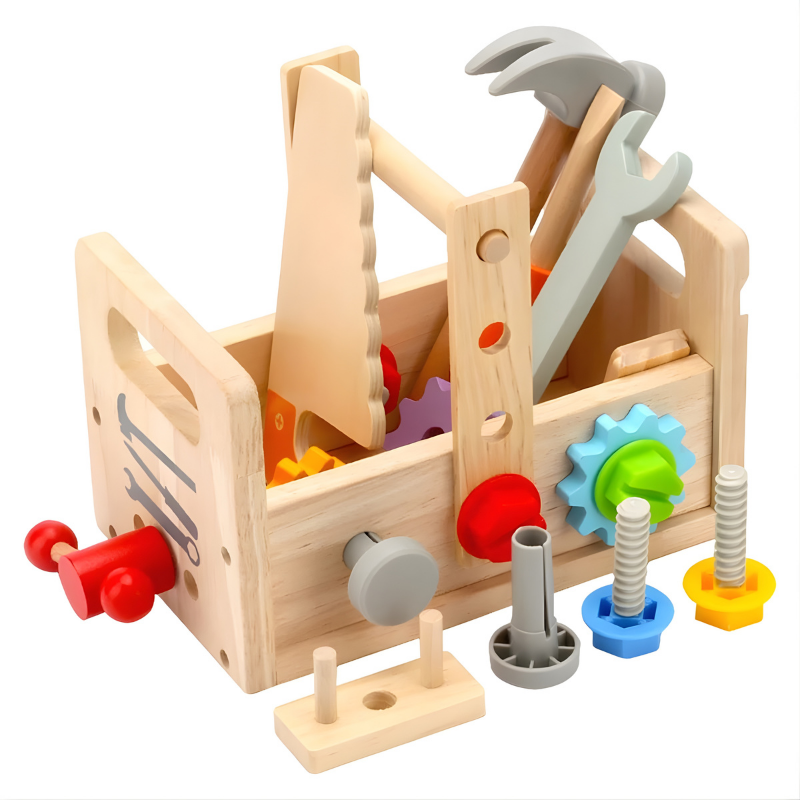 Close-up of wooden construction playset with toy tools, fostering creativity and motor skill development in children