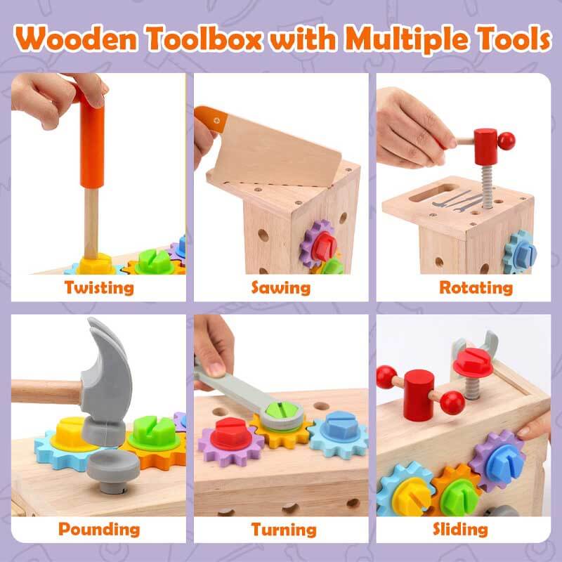 Educational toy construction set box displaying multiple wooden tools & parts