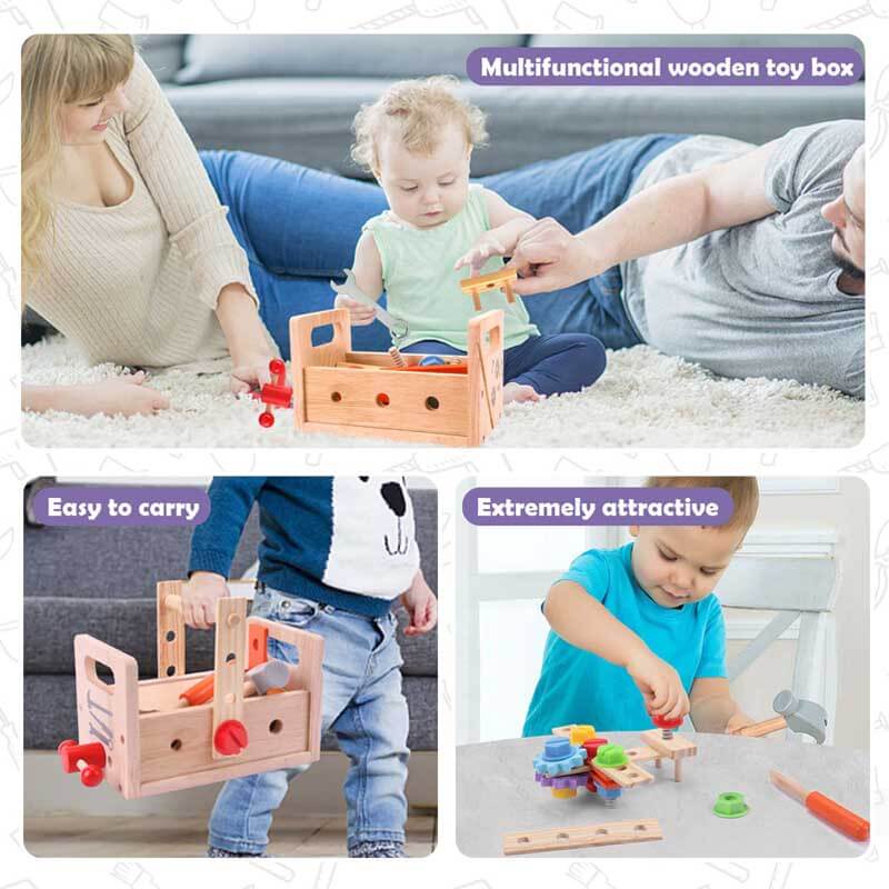 Child actively engaged in building with a wooden construction and tool play set