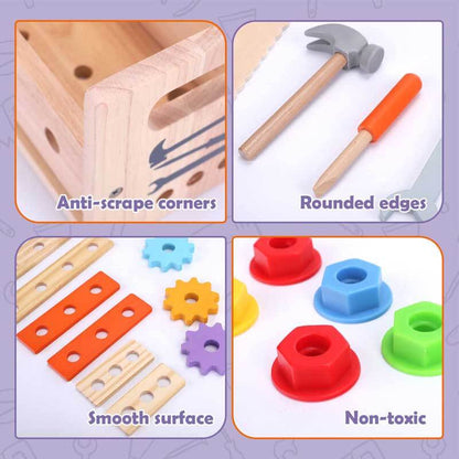 Plastic and wooden elements of a Kids' Educational Construction Set on a playmat