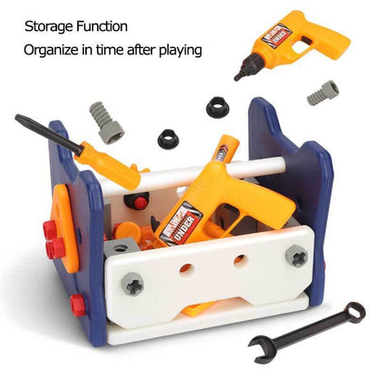 Toddler holding a wooden toy hammer from the Kids' Educational Construction Set