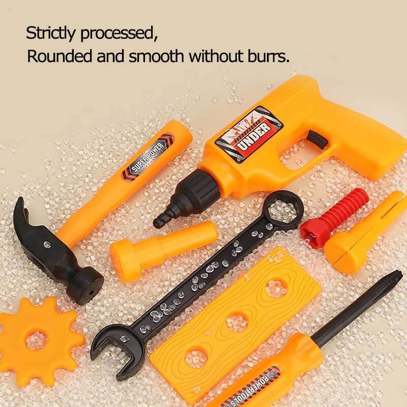 Close-up of wooden toy wrench and screwdriver, educational kids tools for play