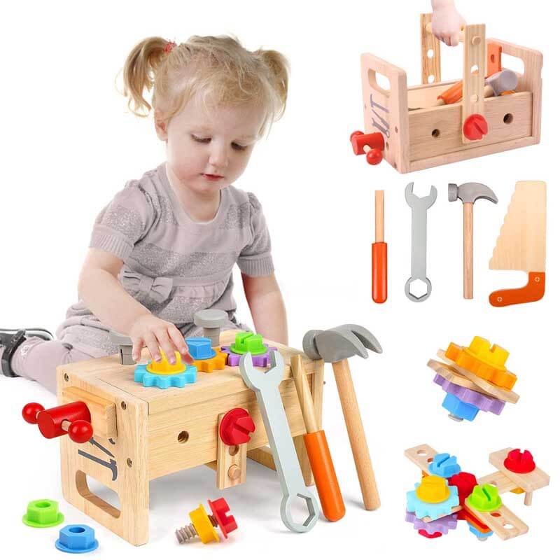 Boy and girl sharing a Kids' Educational Construction Tool Play Set, smiling