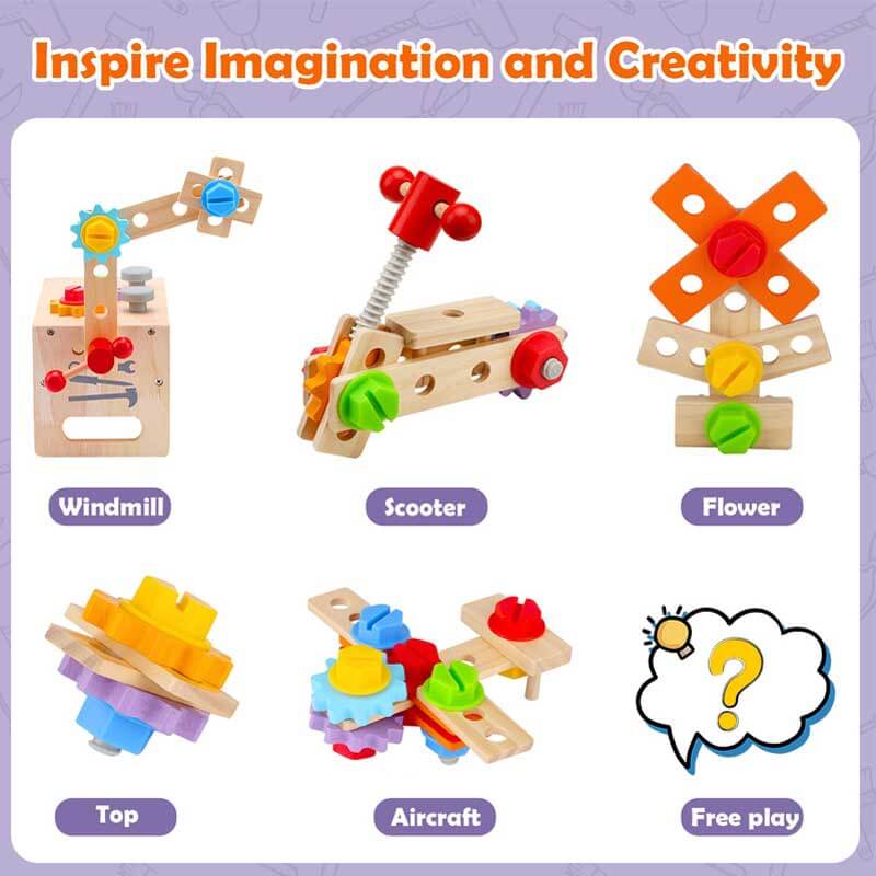 Wooden workbench with various toy tools from a children's construction set