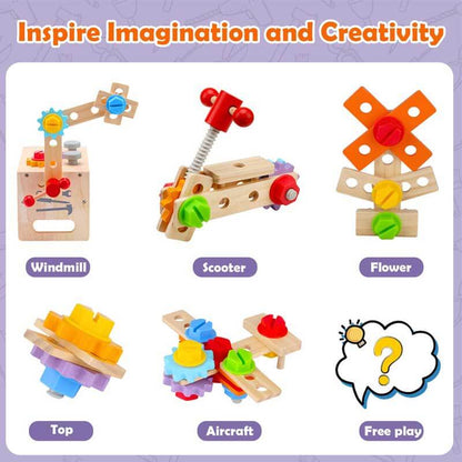 Wooden workbench with various toy tools from a children's construction set