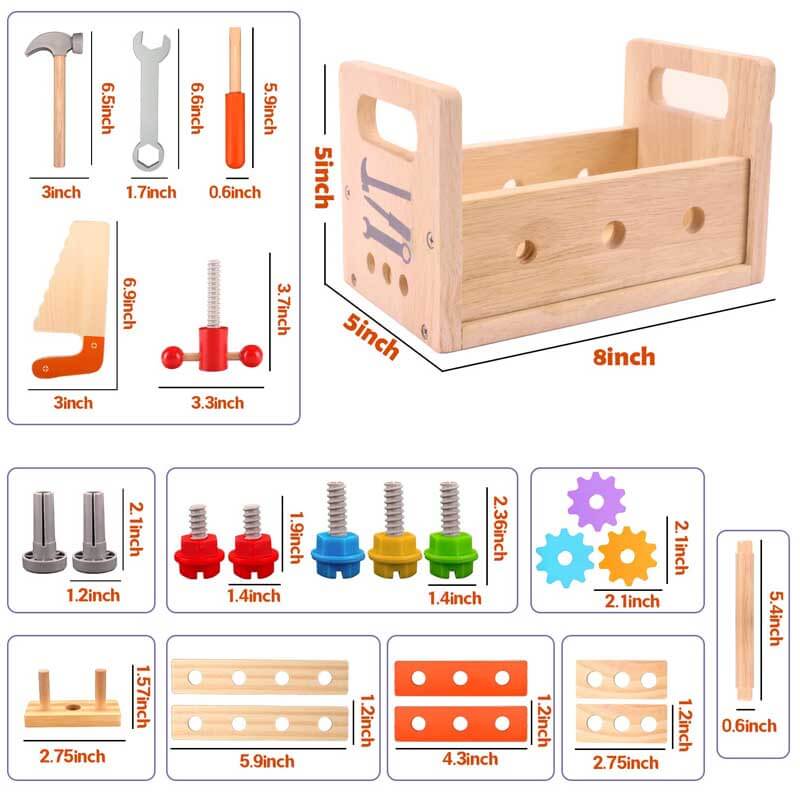 Detailed view of a pegged puzzle mechanism in the kids' wooden tool set