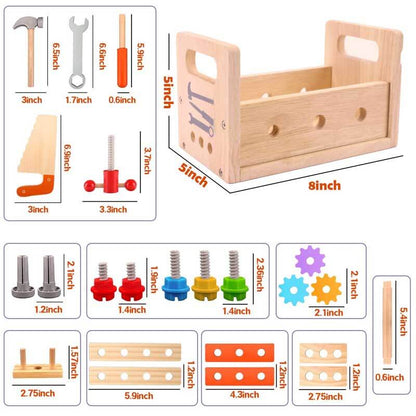 Detailed view of a pegged puzzle mechanism in the kids' wooden tool set