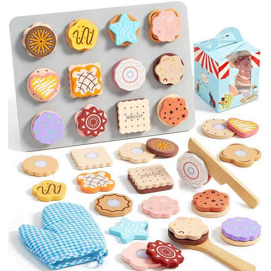 Kids wooden cookie baking set with rolling pin, tray, and cookies for pretend play fun