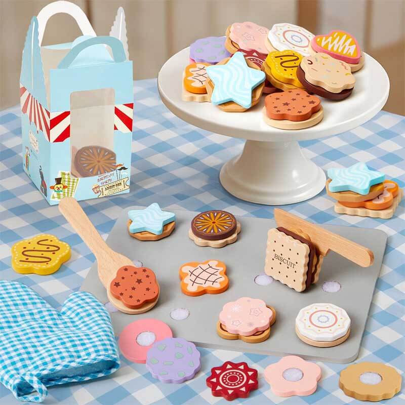 Educational wooden baking set for kids, includes toy mixer, spatula, and pretend cookies