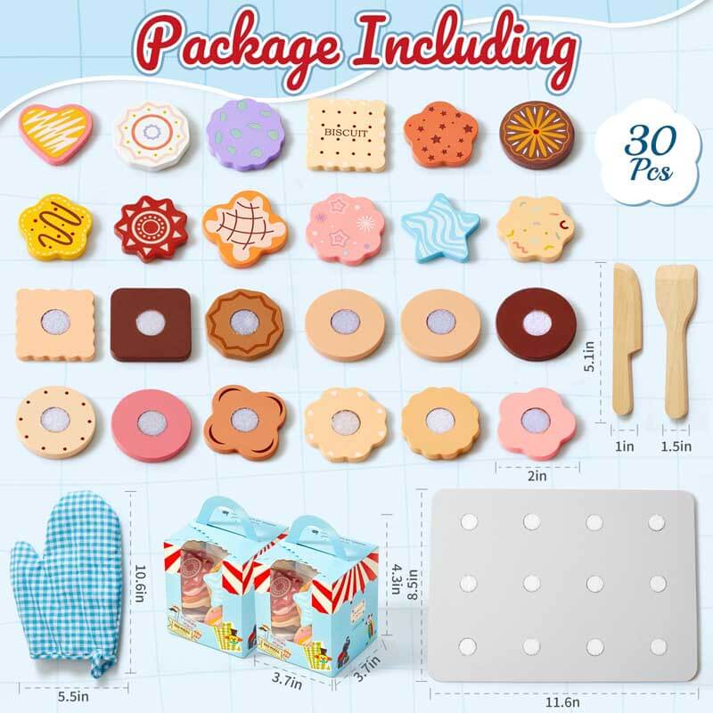 Child playing with wooden cookie baking set, developing fine motor skills and imagination