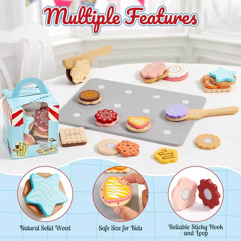Close-up of wooden cookie baking set, showing detailed toy cookies and tray for kids