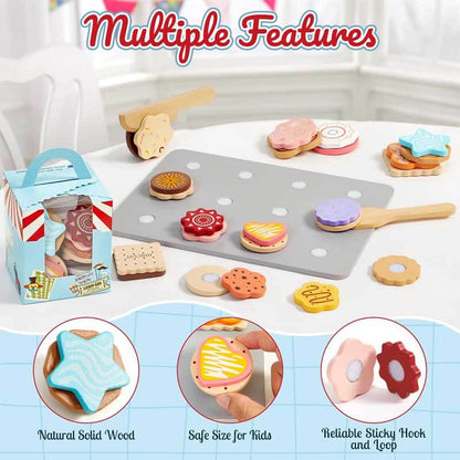 Close-up of wooden cookie baking set, showing detailed toy cookies and tray for kids