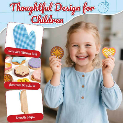 Toddler enjoying a wooden pretend play cookie baking set, perfect for aspiring chefs