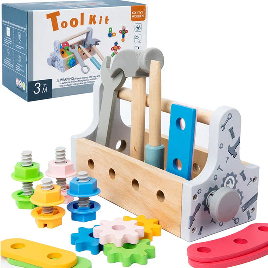 Kids wooden creative toolbox set for skill development, teaching problem solving & motor skills