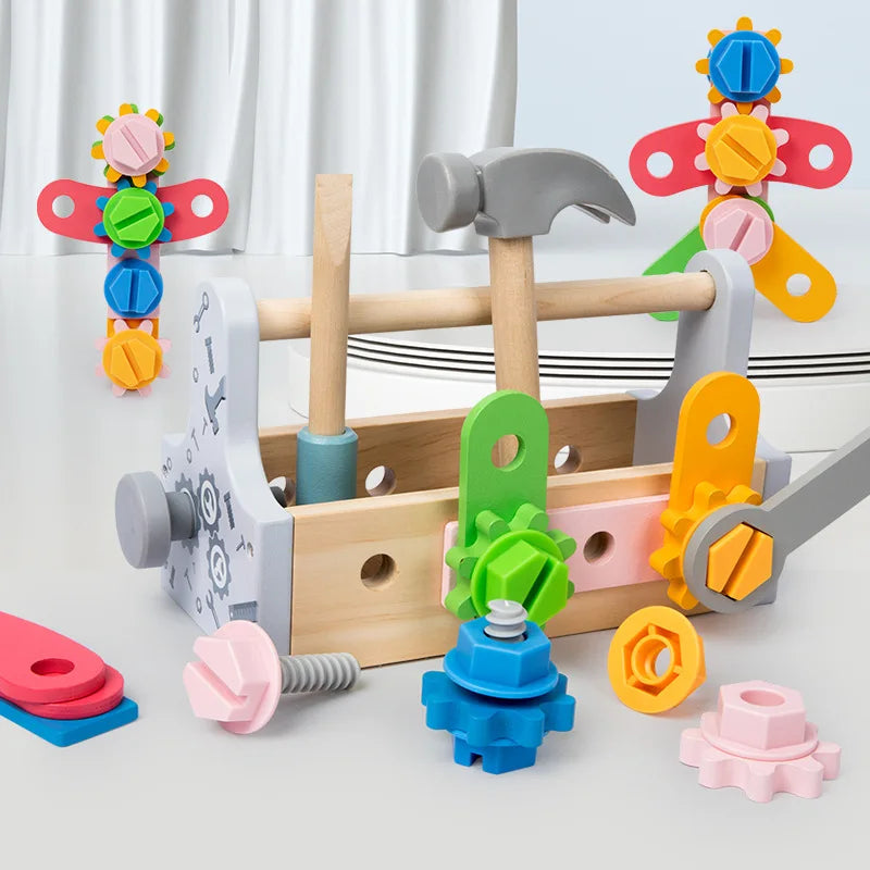 Toddler activities wooden toy tool kit with various tools, ideal for educational creative play