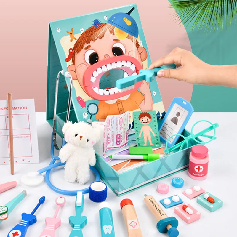 Kids wooden dentist play set with toy tools & teeth for educational role play